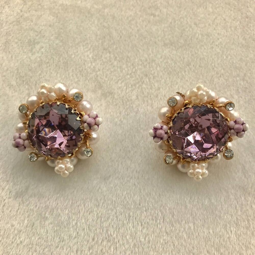 Vintage Earrings Purple Rhinestone & Faux Pearl Clip On Gold Tone